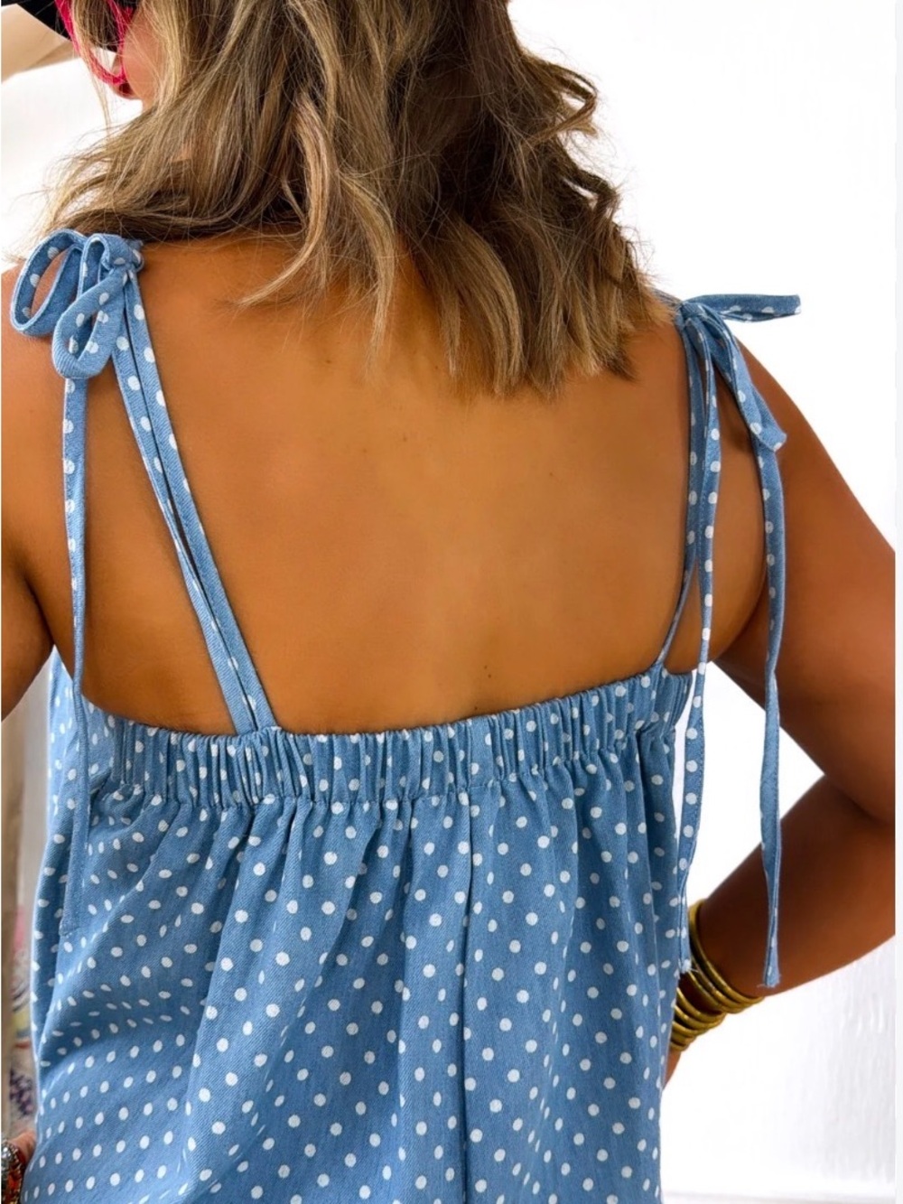 See You Monday Light Blue Polka Dot Tie-Shoulder Camisole